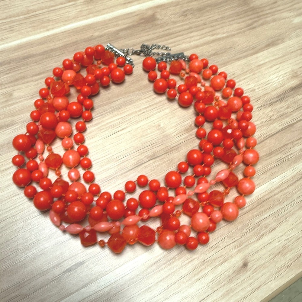 Red Coral Multi Strand Bib Necklace Graduated Acrylic Bead Statement Jewelry